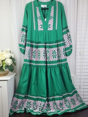 Theater Emerald Green Embroidered Maxi Dress with Pink Accents. Size S